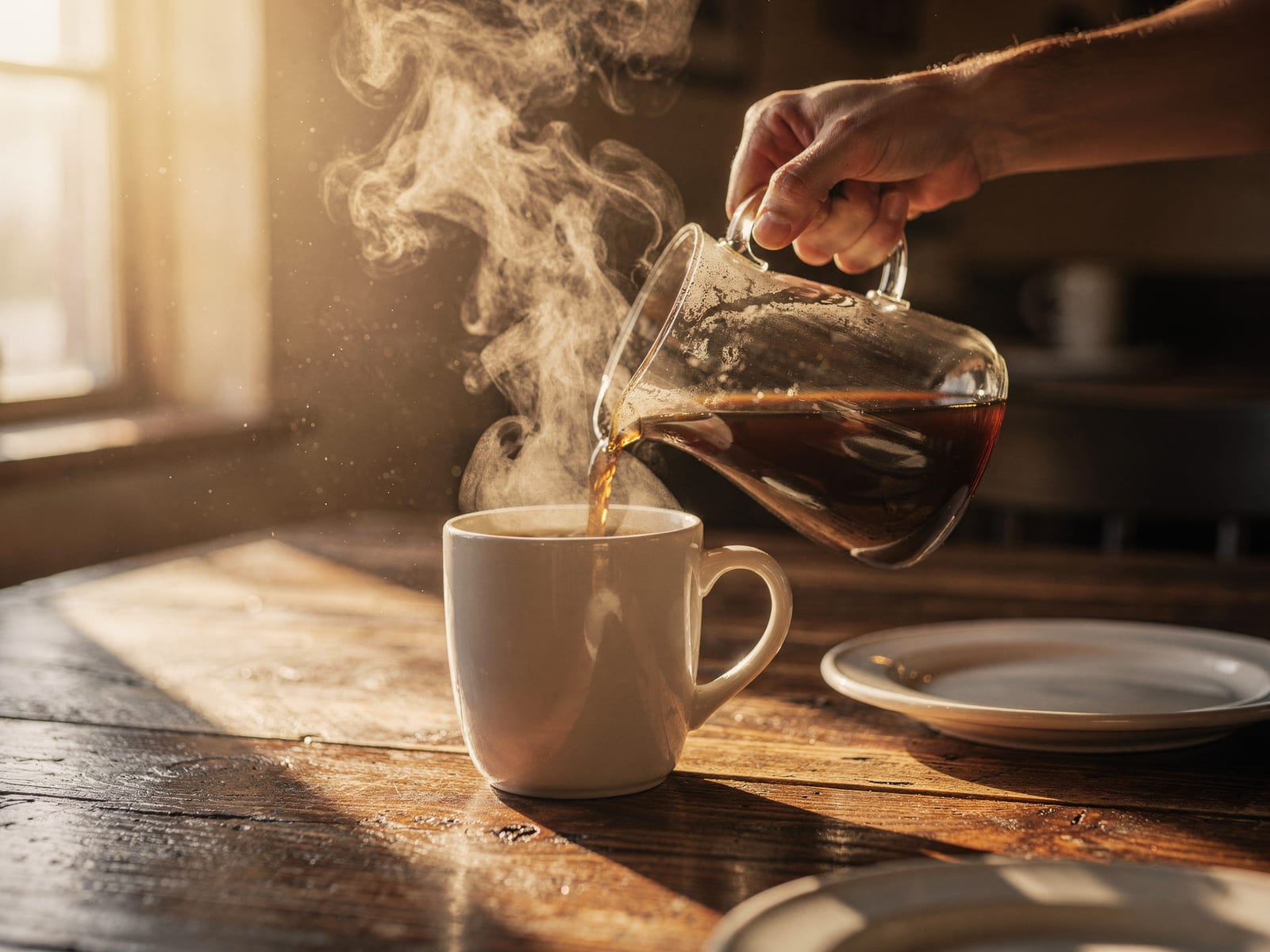Fresh coffee being poured into a full white diner mug at Bowles Cafe