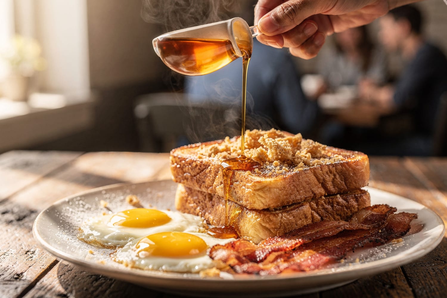Thick-cut corn-flake French toast with crispy bacon and eggs, warm syrup being poured, at Bowles Cafe
