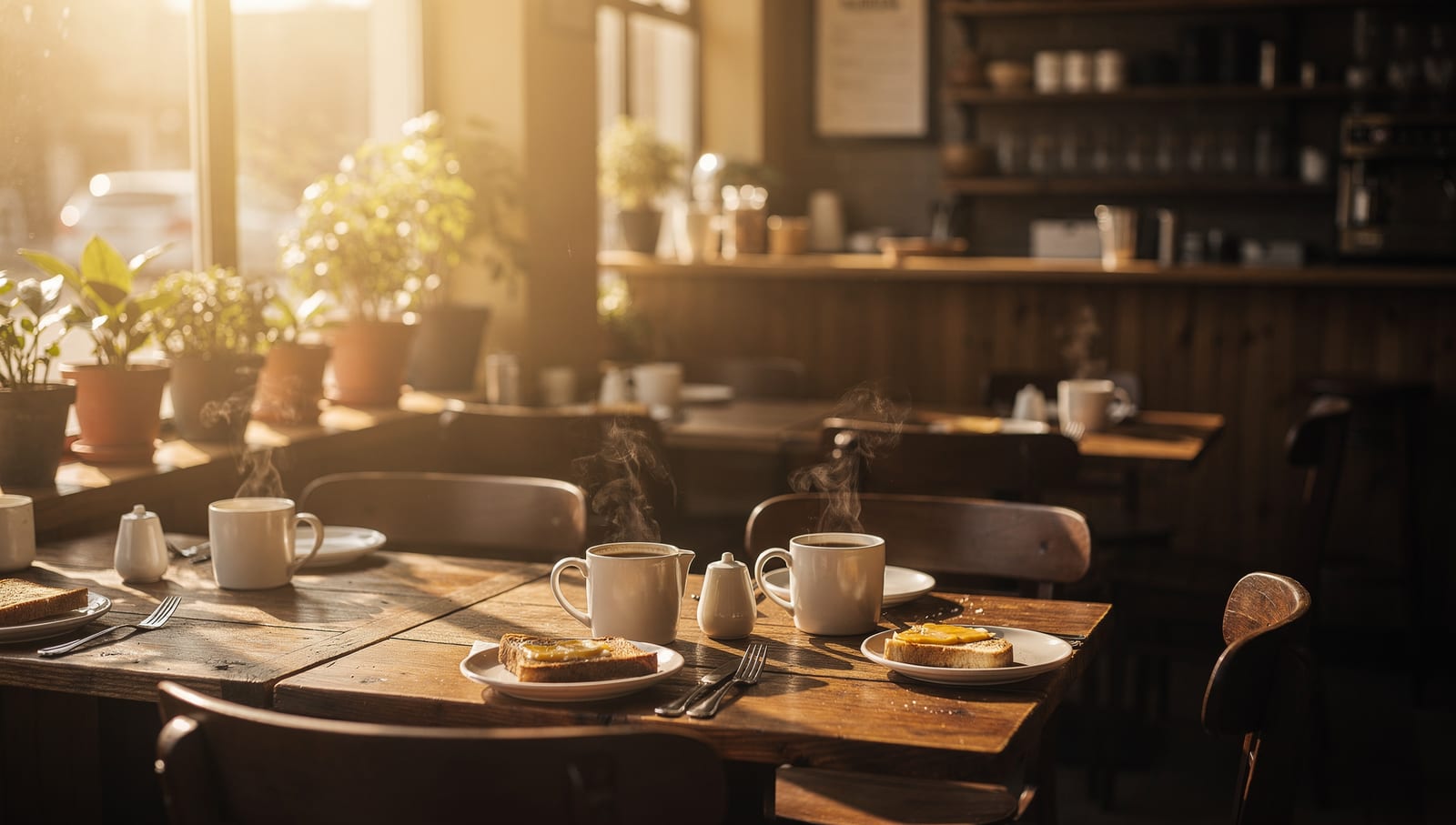 The warm, sunlit interior of Bowles Cafe with wooden booths and morning light